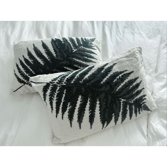 SET of 2 - Crate & Barrel Fern 20"x13" Sea Green Outdoor Lumbar Pillow - Picture 1 of 4